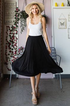 The Solid Maxi Skirt is buttery soft and flows just right. This beautiful skirt is a perfect mid length with side pockets and an elastic waist band. Sarah is shown wearing a size Medium. Model is 5'7" and wearing a size Small. Material: 95% Rayon, 5% Spandex Black. SIZE GUIDE Small: 4 - 6 Medium: 8 - 10 Large: 12 - 14 1XL: 16 - 18 2XL: 20 - 22 3XL: 24 - 26 Flowy Gathered Midi Skirt, Flowy Midi-length Gathered Skirt, Flowy Midi Length Gathered Skirt, Flowy Midi Length Bottoms For Day Out, Casual Gathered Skirt Bottoms In Rayon, Casual Full Maxi Skirt With Elastic Waistband, Casual Flowy Midi-length Bottoms, Flowy Casual Midi Length Bottoms, Flowy Midi-length Casual Bottoms