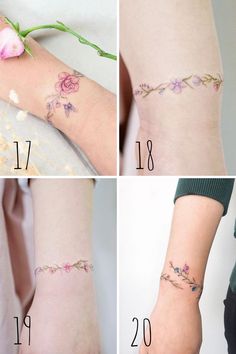 four pictures showing different types of tattoos on the arms and legs, including one with flowers