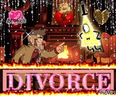 a cartoon character in front of a fireplace with the words divore on it