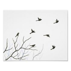 a flock of birds flying through the sky above tree branches in front of a white background