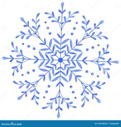 a snowflake with blue leaves and dots in the center on a white background