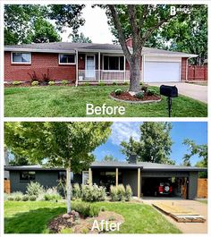 before and after photos of a home's front yard