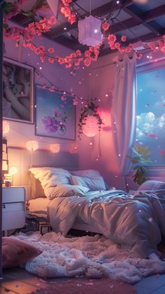 a bedroom with pink flowers hanging from the ceiling