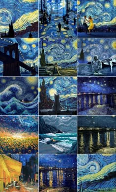 the starry night painting is shown in multiple pictures