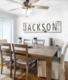 a dining room table with chairs and a sign on the wall above it that says johnson