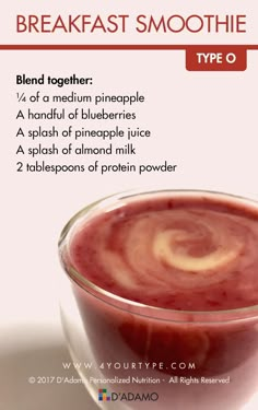 breakfast smoothie recipe in a glass bowl with information about the ingredients and how to make it