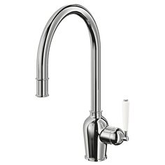 a chrome faucet with the handle extended