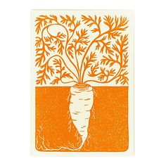 an orange and white illustration of a carrot in the center of a plant with roots