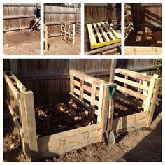 several pictures of different stages of building a raised garden bed with pallets and shovels