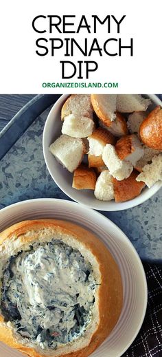 two bowls filled with dip and bread on top of a table