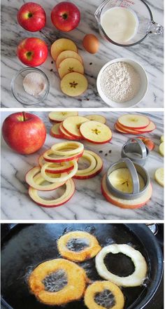 apple slices are being cooked in a frying pan and then cut into small pieces