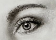 an eye is shown with long lashes and black and white image in the center,