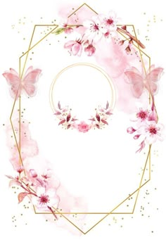 pink flowers and gold geometric frame on a white background