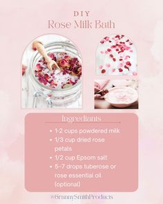 Milk Bath Diy Recipes, Bath Self Care, Rose Milk Bath, Rose Milk Bath Recipe, Milk And Honey Bath Soak, Milk Bath Diy, Rose Bath Salts Diy