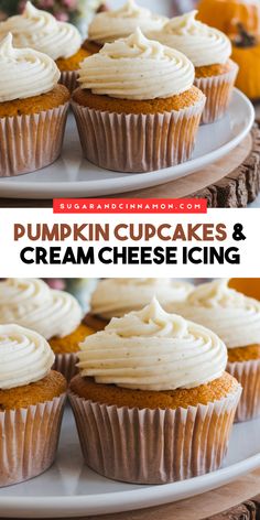 pumpkin cupcakes and cream cheese icing on a cake platter with text overlay