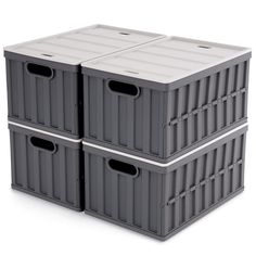 three plastic storage containers stacked on top of each other with lids open and one closed