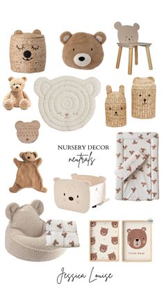 the nursery decor includes teddy bears and other items