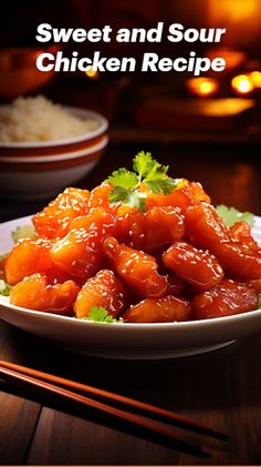 sweet and sour chicken recipe on a plate with chopsticks