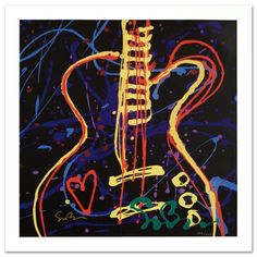 an abstract painting of a guitar in yellow and blue colors on a black background with white border