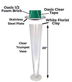 a tall glass vase with a green hat on top and measurements for the base area