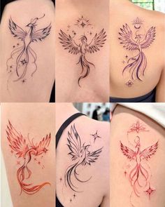 six different colored tattoos on the back of women's shoulder and upper halfs