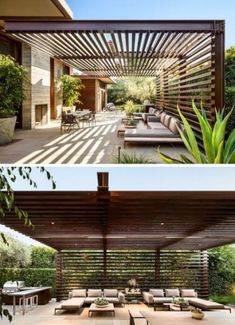 an outdoor living area with couches, tables and plants on the outside side of the house