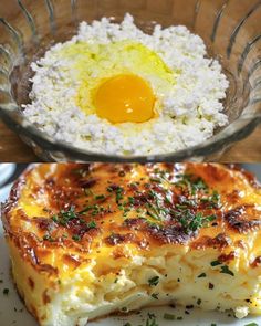 an egg and cheese dish on a plate next to another bowl with rice in it