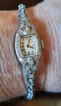 Beautiful Vintage 14k White Gold Hamilton Ladiies Diamond watch. Great vintage condition. Manual. Keeps great time when wound up. 1 ct diamonds. 6.5". Gold Diamond Watch, Gold Diamond Watches, Vintage Timepiece, Diamond Watch, Accessories Watches, Time Piece, Gold Diamond, Wrist Watch, Jewelry Box