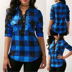 Women V-neck Lace Up Plaid Blouse Tops Irregular Loose Large Size Woman V-neck Shirt（blue, Red, Green，s-5xl） Out Outfits, Plaid Shirt Women, Plaid Blouse, Blouse Tops, Plus Size Summer, Blue Outfit, Going Out Outfits, Women's Summer Fashion, Green Fashion