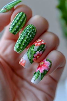 Hand Painted Nail Designs Summer, Picnic Nails Design, Fishing Nails Designs, Pool Nails Designs, Monstera Nail Art, Summer Themed Nails, Camping Nail Art, Florida Nails Designs, Late Summer Nail Ideas