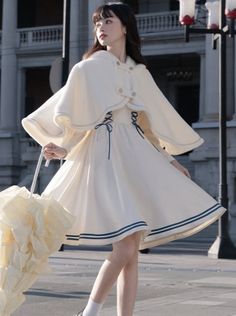 ❤Fur milk dress + cape❤︎ Dress With Hooded Cape, Bows Clothes, White Haori, Fur Dresses, Nurse Cape, Blanket Dress, Warm Dress, Cape Fashion, Dress With Cape