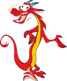 a red and yellow dragon with horns on it's head is standing in the air