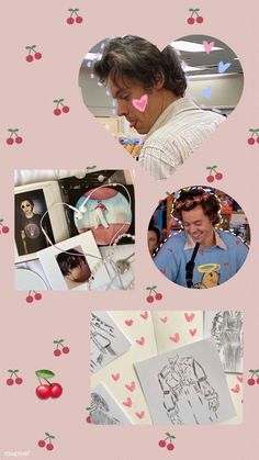 a collage of photos with hearts and cherries on them