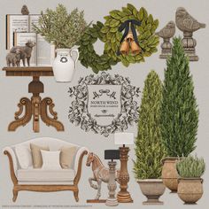 an assortment of decorative items displayed on a wall