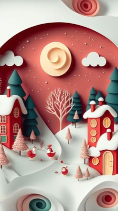 a paper cut christmas scene with houses and trees