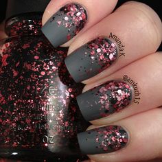 Sparkles over matte New Years Nail Designs, Matte Nail Art, Black Coffin Nails, Matte Black Nails, Black Nail Art, Gray Nails, Black Nail Designs, Ideas Nails