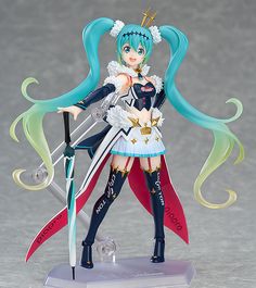 an anime figurine is posed on a white surface with blue hair and green eyes