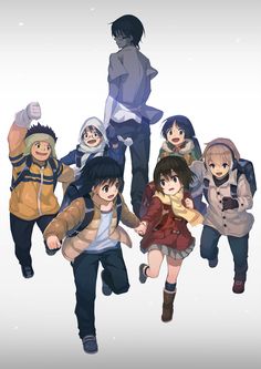 several anime characters are walking in the snow with their hands on each other's hips