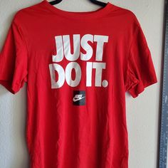 Nike Short Sleeve T Shirt - Size Small - No Damages - "Just Do It" On The Front - See Photos For Measurements - Smoke Free Home *All Items Are Freshly Washed (Except If Item Is Nwt), Pictures Are Taken & Each Item Is Packaged Separately Right Away And Stored Waiting For Your Order. All Hard Goods Are Sanitized. Nike Red Graphic Tee Top, Red Nike T-shirt For Summer, Nike Red Graphic Tee, Nike Red T-shirt For Summer, Nike Short Sleeve Top With Text Print, Tops Nike, Nike Short, Short Sleeve T Shirt, Nike Tops