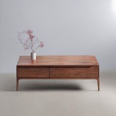 a wooden table with a plant on top