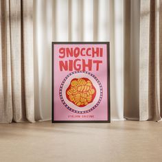 there is a poster on the floor in front of some curtains that say, gnocchi night italian cuisine