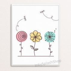 three flowers and a dragon fly in the sky on a white background with text that reads,