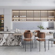 a kitchen with marble counter tops and chairs