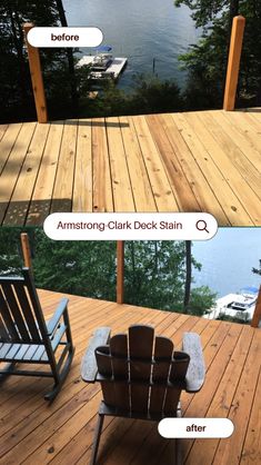 an empty chair sitting on top of a wooden deck