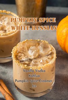 pumpkin spice white russian cocktail with vanilla vodka and pumpkin spice cremer ice on the side