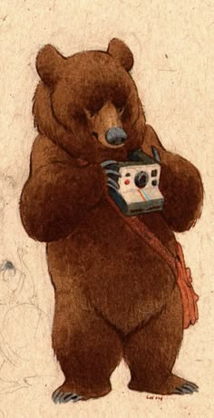 a drawing of a brown bear holding a camera