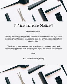 Hairstylist Price Increase, Price Increase Announcement Post Salon, Cancelation Announcement Salon, New Prices Announcement, Salon Membership Ideas, Hair Salon Policy, Hairstylist Social Media Marketing, Hair Salon Price Increase Notice, Price Increase Announcement Post