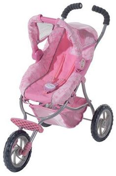 a pink stroller with wheels on it