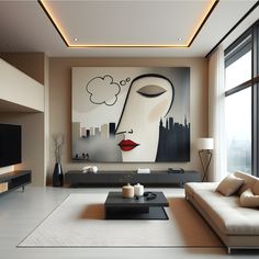 a living room with a large painting on the wall