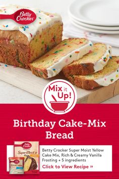 an advertisement for cake mix bread with frosting and sprinkles